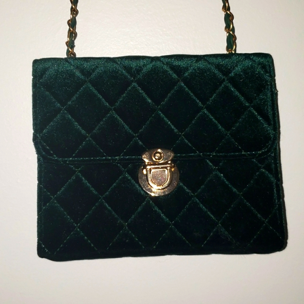 Emerald green velvet shoulder purse